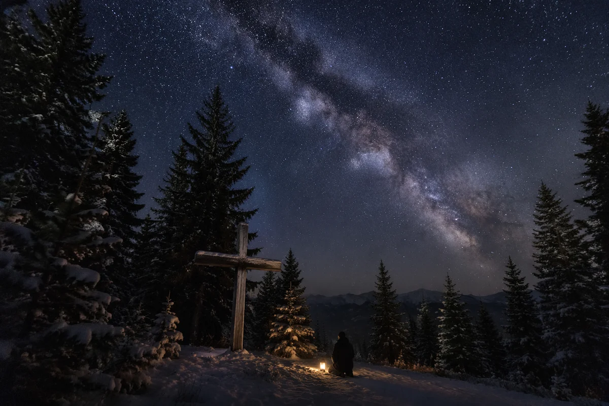 Milky Way Cross in Snowy Evergreen Forest