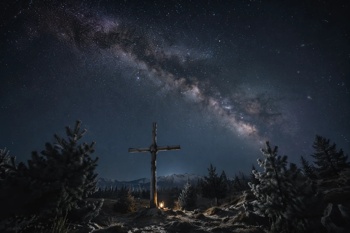 Milky Way Over Evergreen Forest Cross