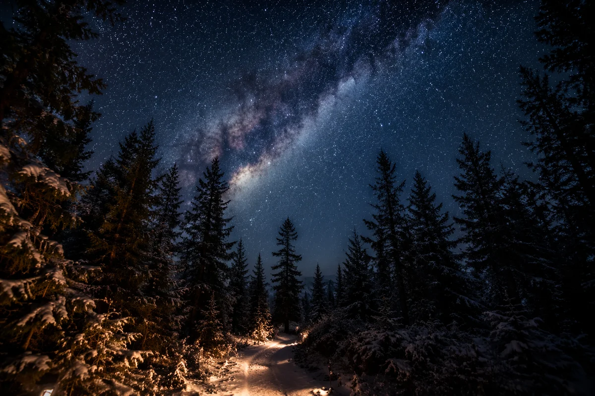 Milky Way Above Snowy Evergreen Forest