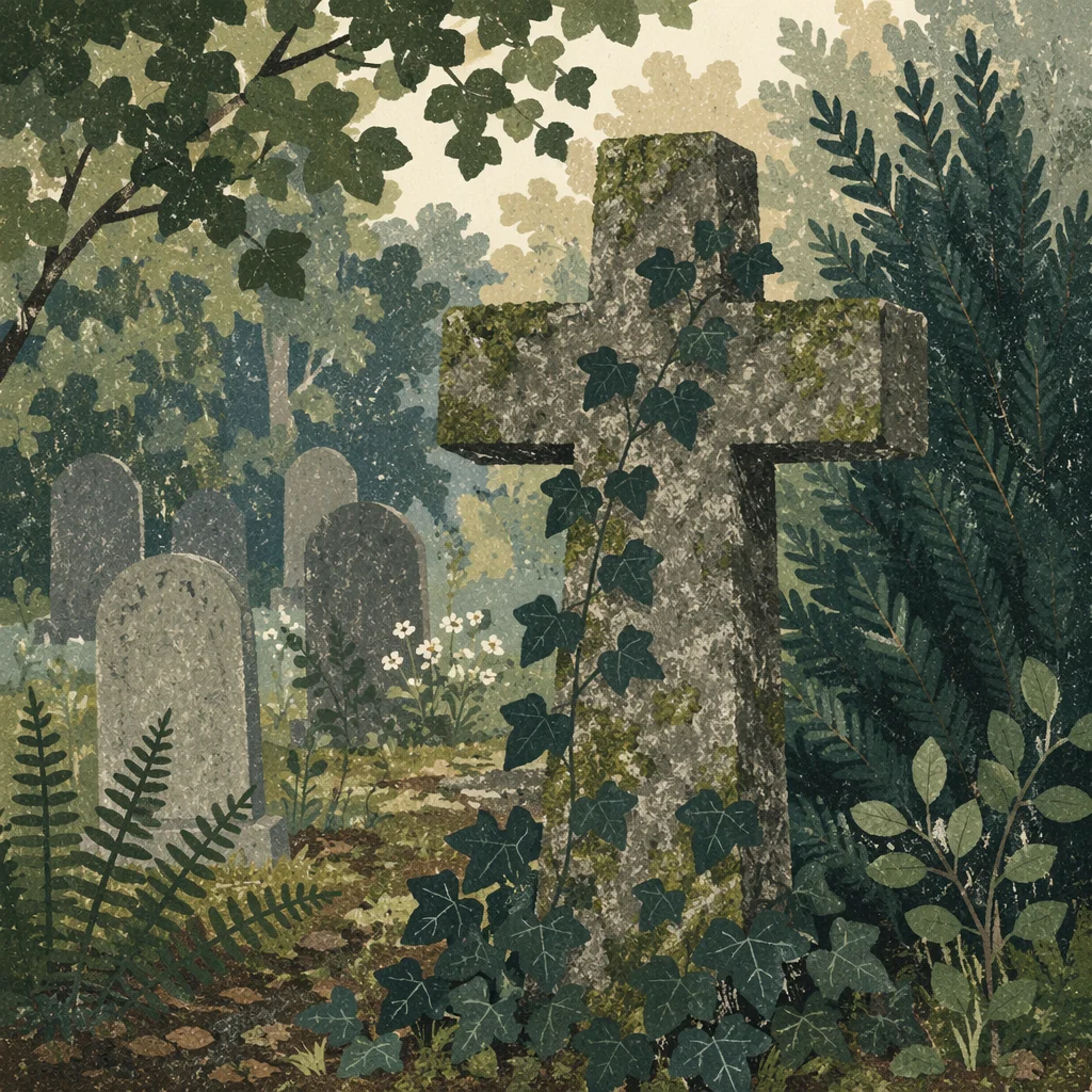 Weathered Stone Cross Among Evergreen Ivy