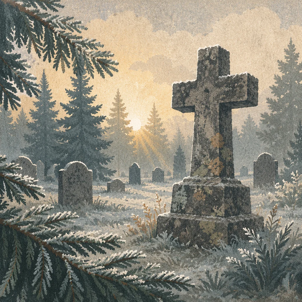 Weathered Stone Cross Among Evergreen Pines