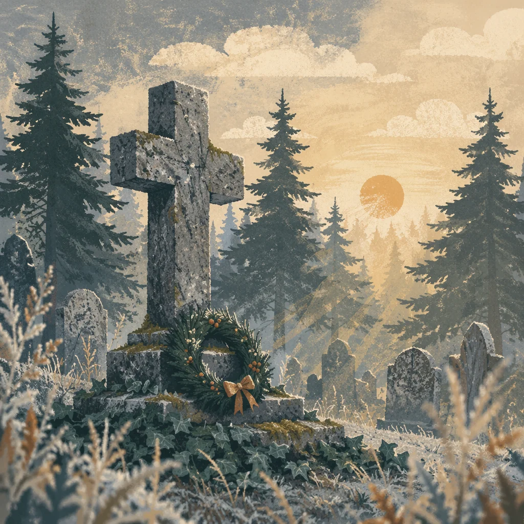 Weathered Stone Cross Among Evergreen Pines