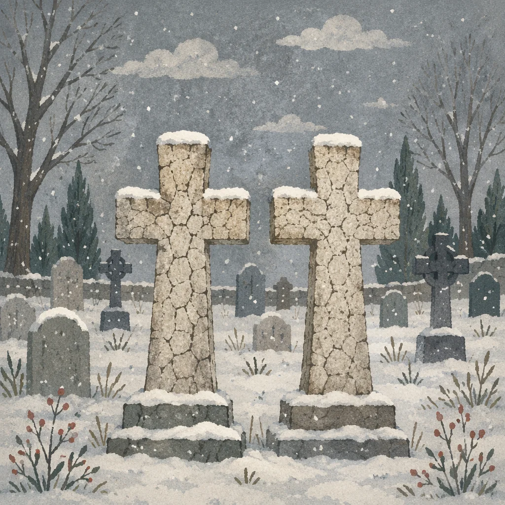 Snow-Dusted Stone Crosses in Evergreen Cemetery