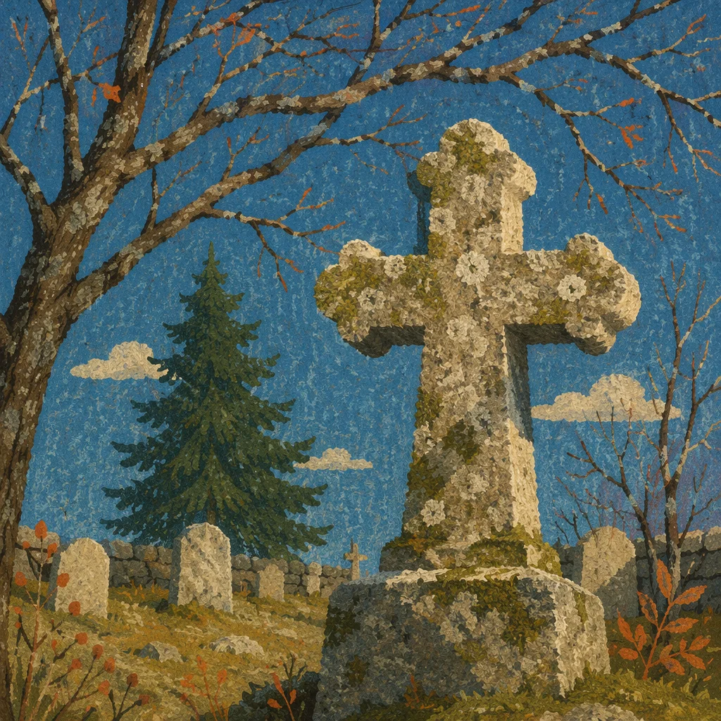 Weathered Stone Cross Beneath Evergreen Sky
