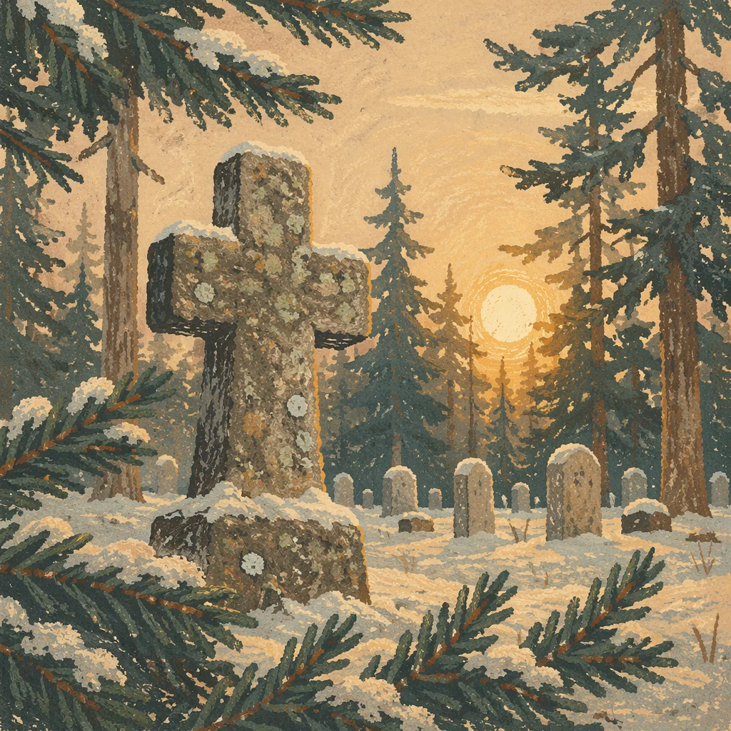 Weathered Stone Cross Among Snowy Evergreens