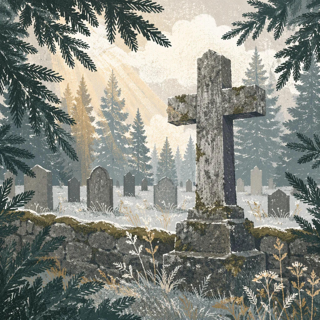 Weathered Stone Cross Among Evergreens