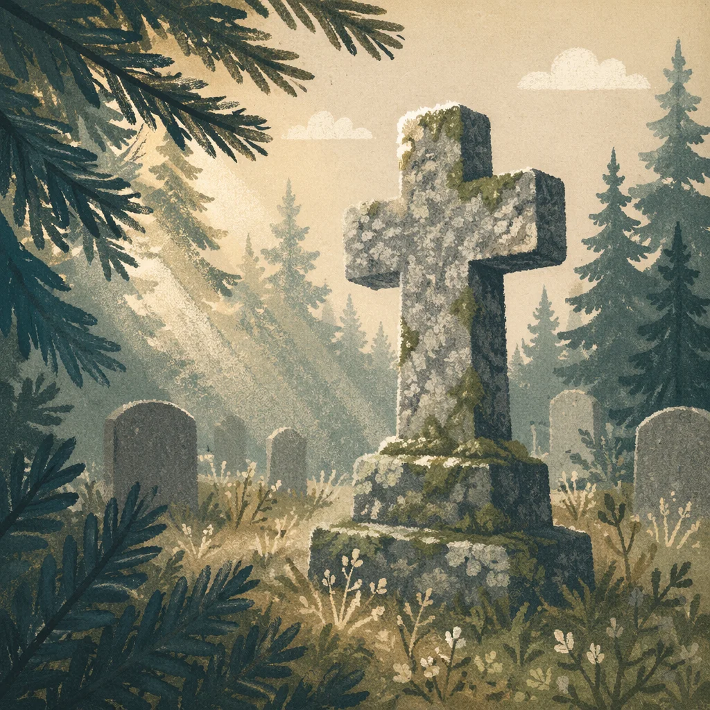 Weathered Stone Cross Among Evergreens