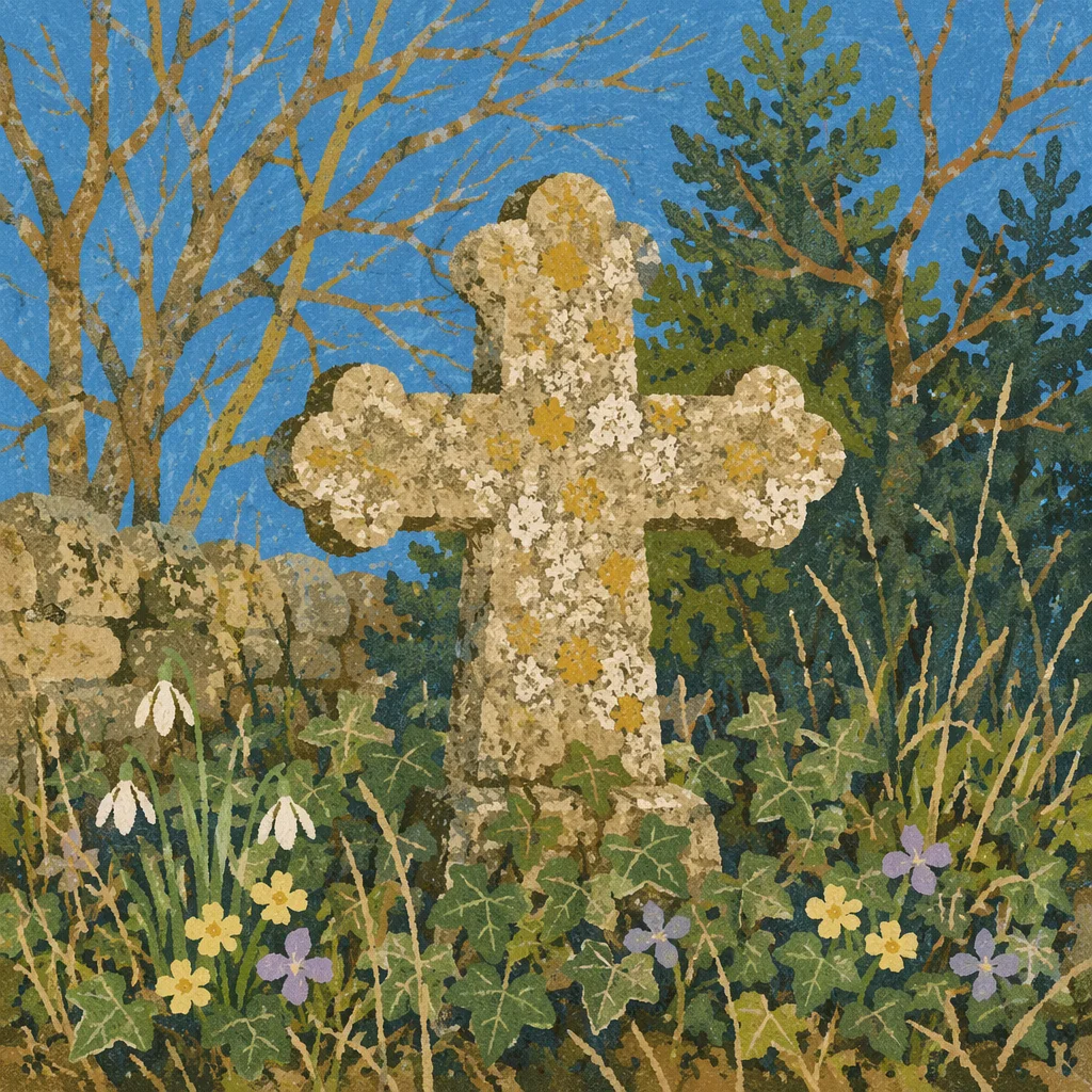Weathered Stone Cross in Evergreen Cemetery