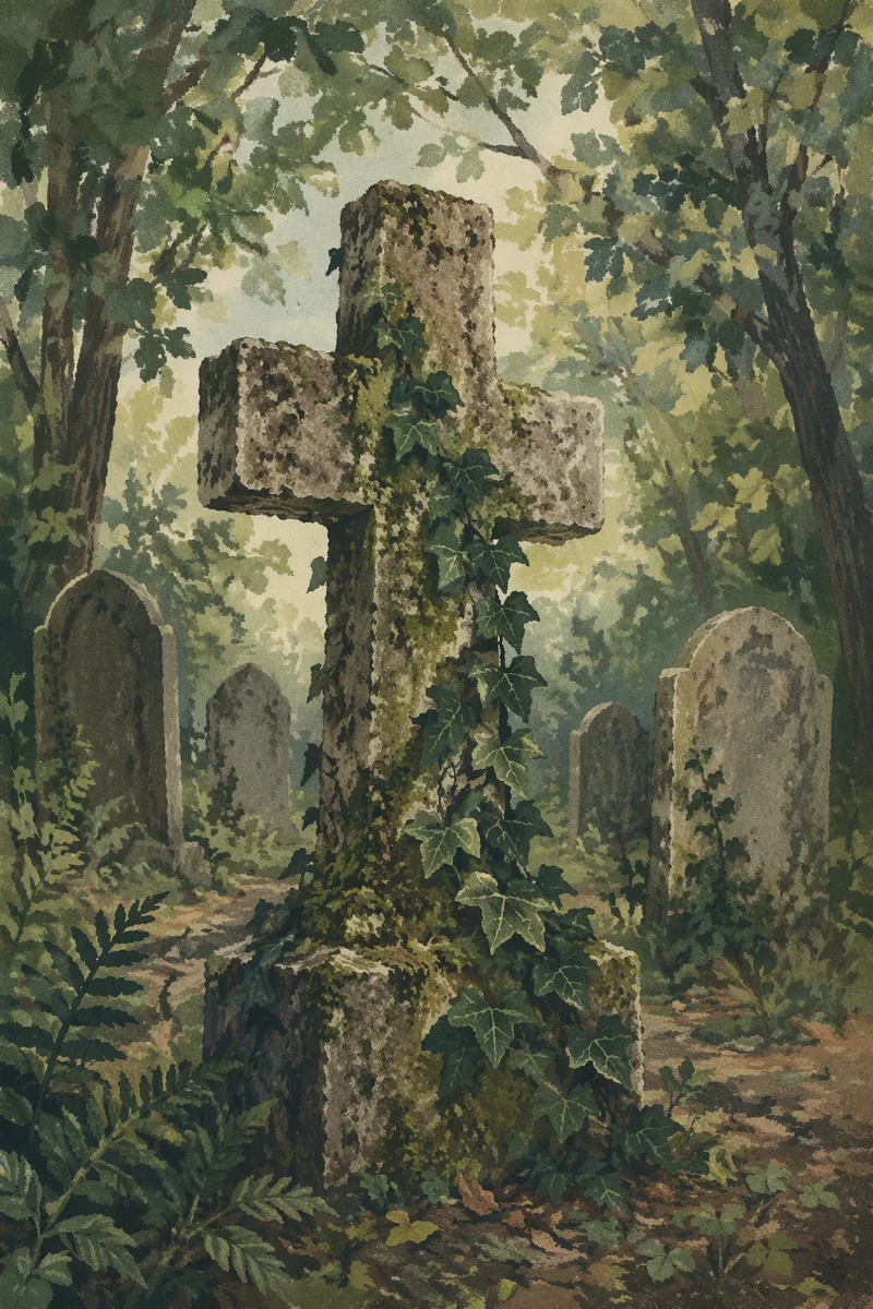 Weathered Stone Cross with Evergreen Ivy