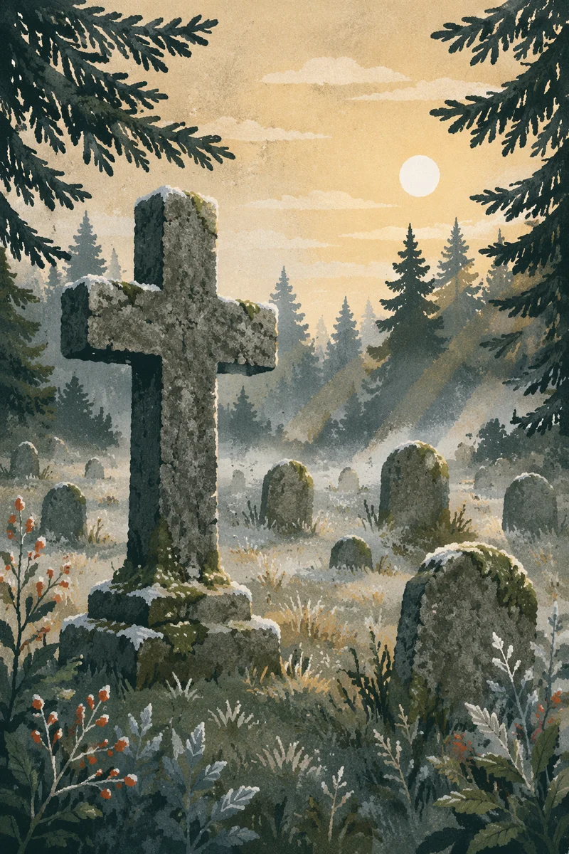 Weathered Stone Cross Among Evergreen Pines