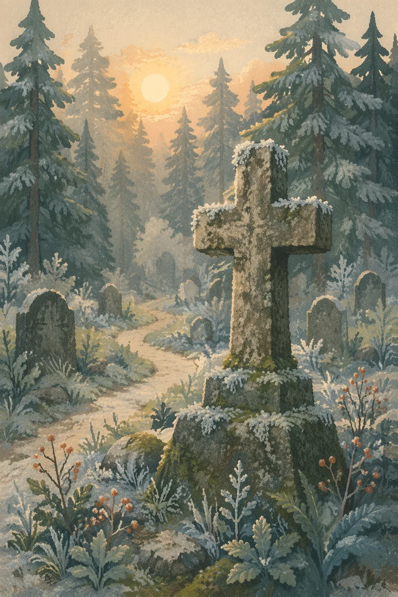 Weathered Stone Cross in Misty Evergreen Cemetery
