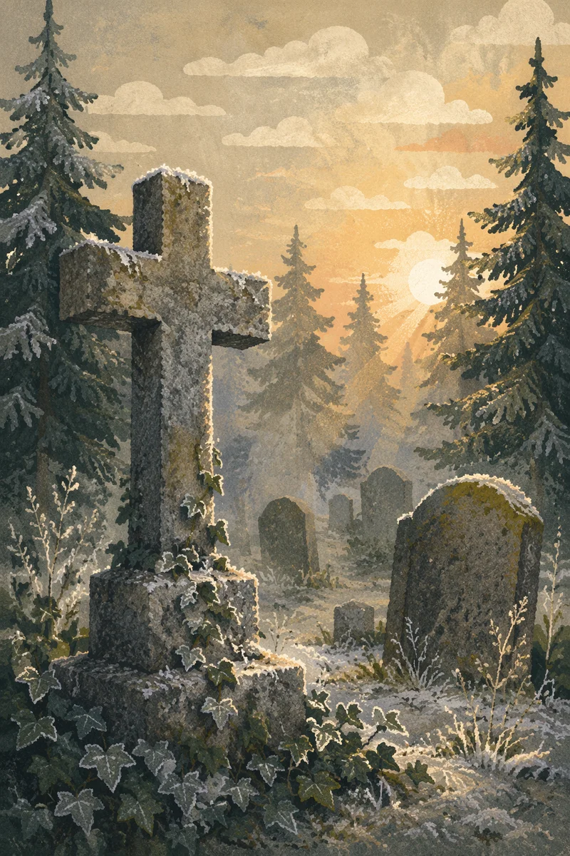 Weathered Stone Cross in Winter Cemetery