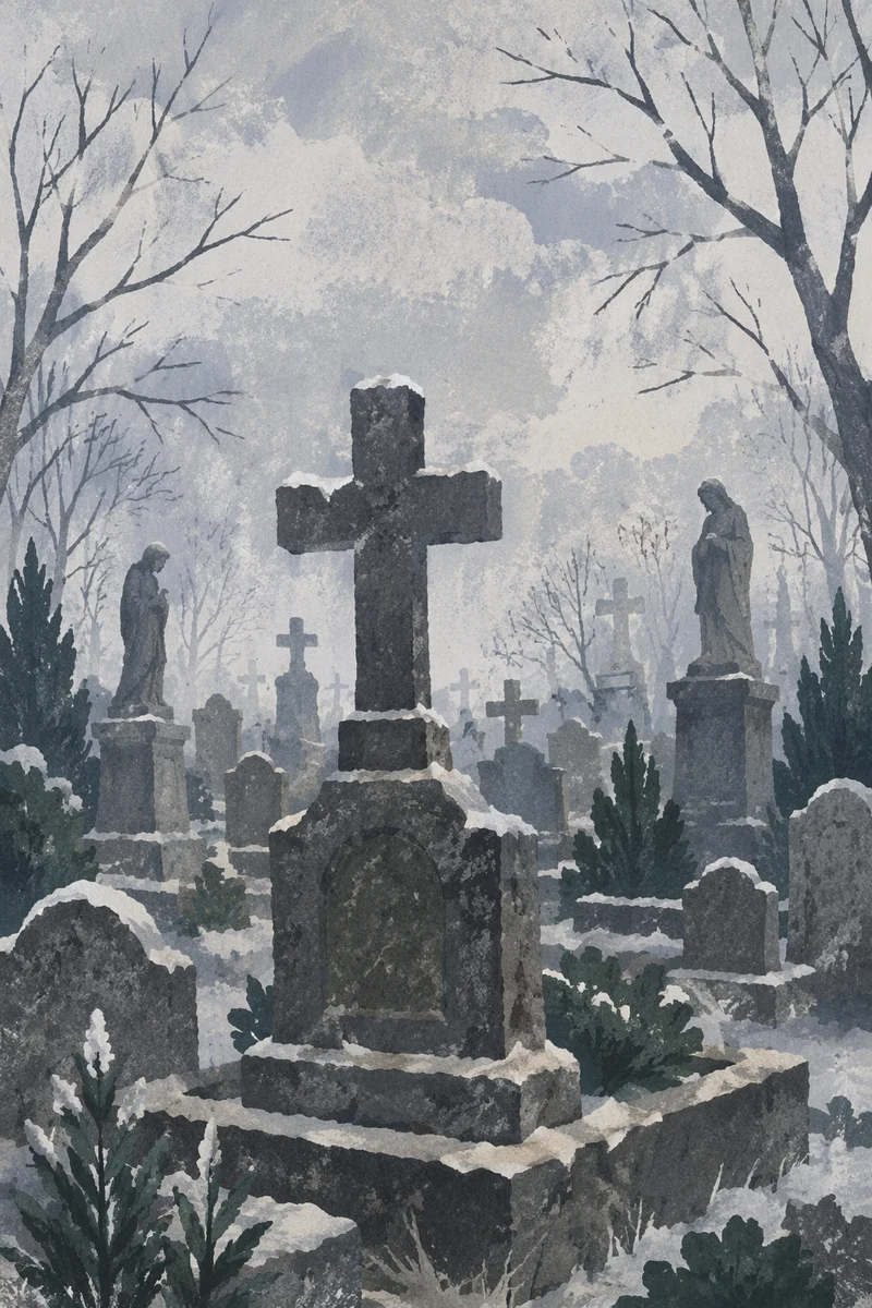 Weathered Stone Cross in Winter Cemetery