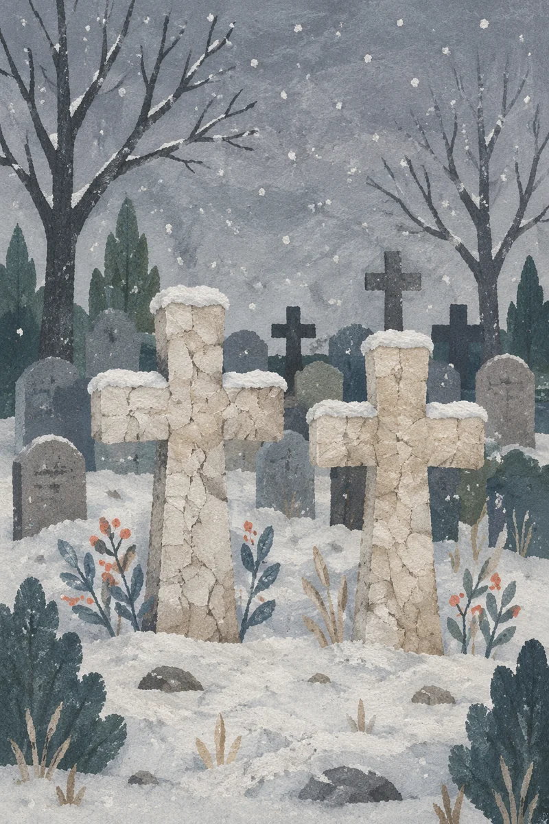 Snow Dusted Stone Crosses in Cemetery