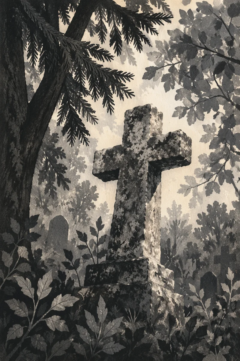 Weathered Stone Cross Beneath Evergreen Canopy