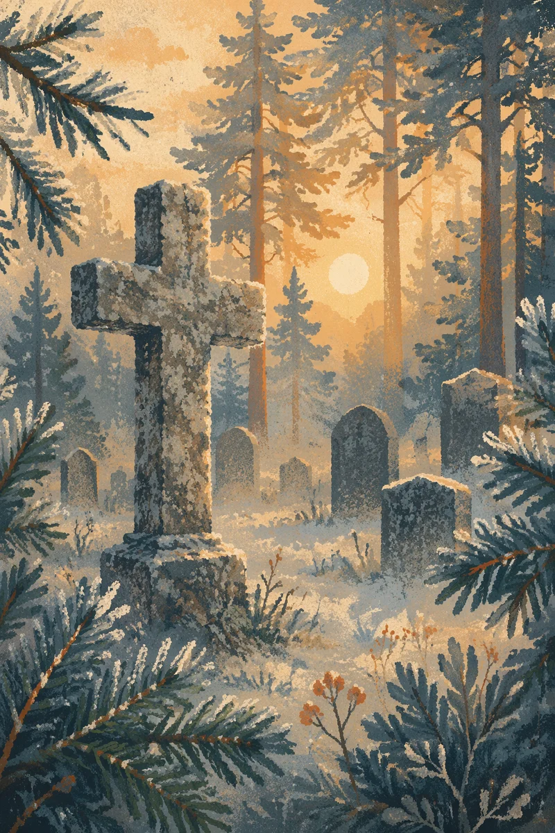 Weathered Stone Cross in Frosted Cemetery