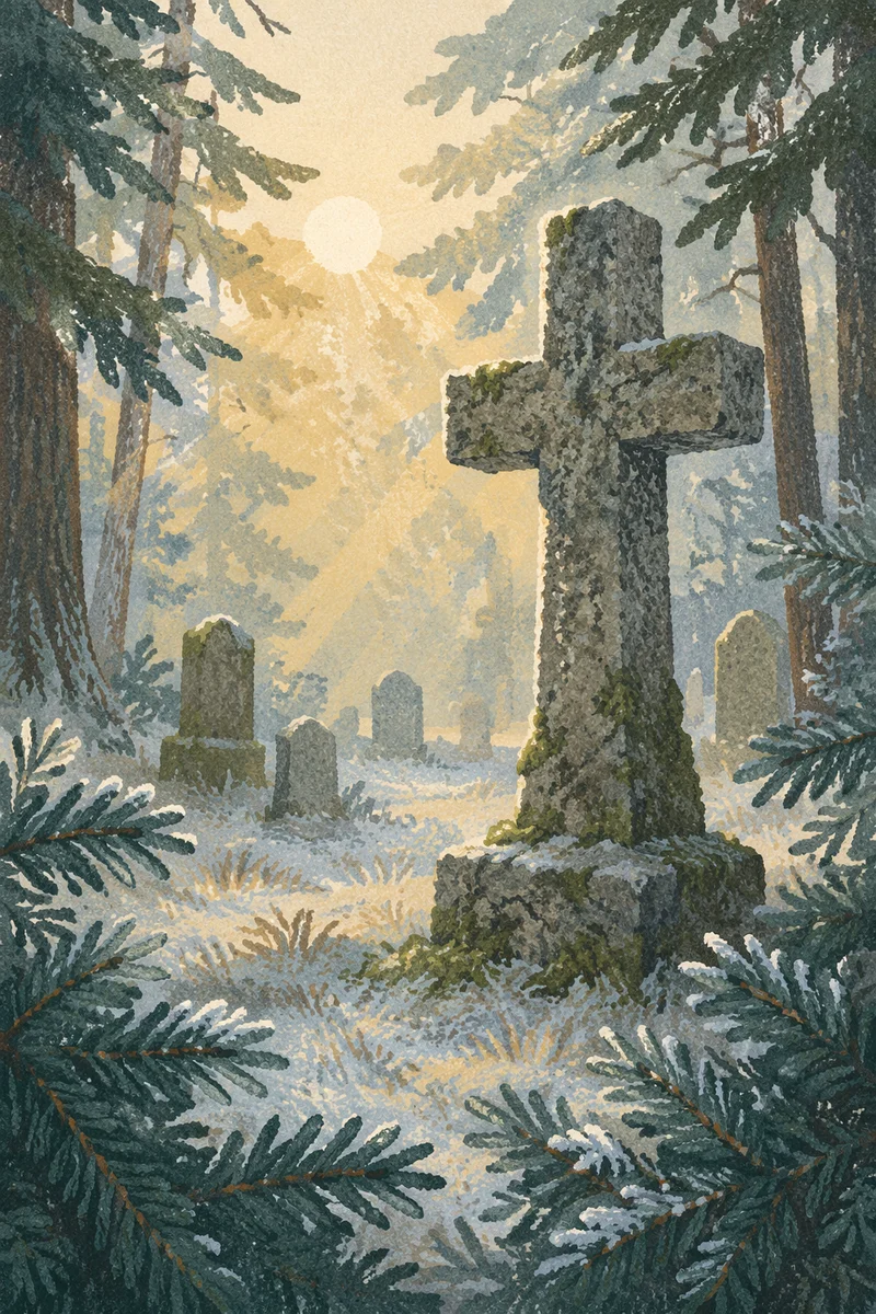 Weathered Stone Cross Among Evergreen Cemetery Pines