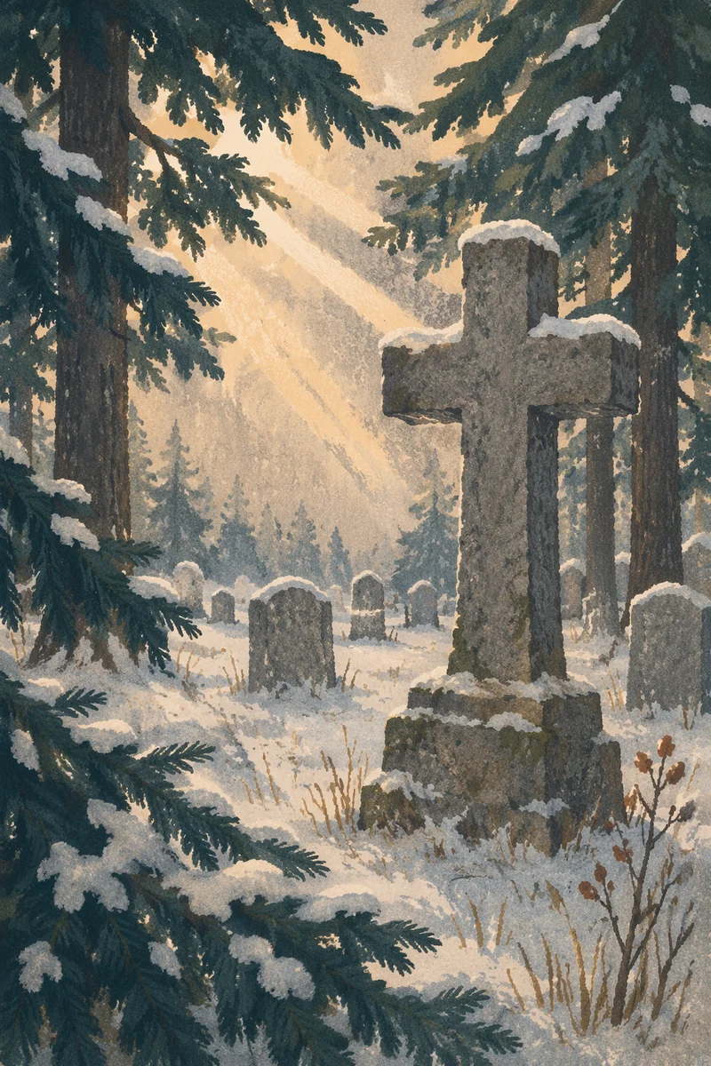 Weathered Stone Cross Beneath Evergreen Trees
