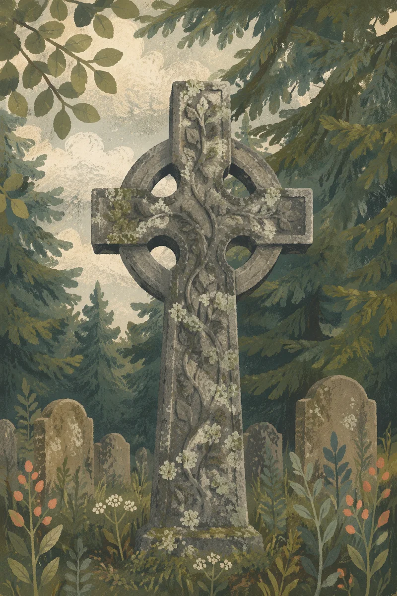 Weathered Stone Cross Among Evergreen Branches