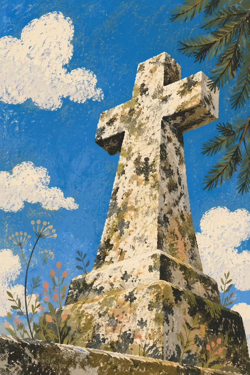 Weathered Stone Cross Beneath Evergreen Sky