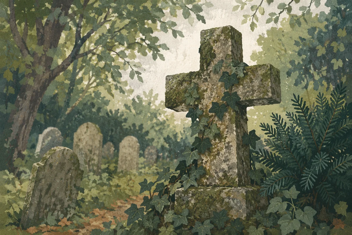 Weathered Stone Cross with Evergreen Ivy