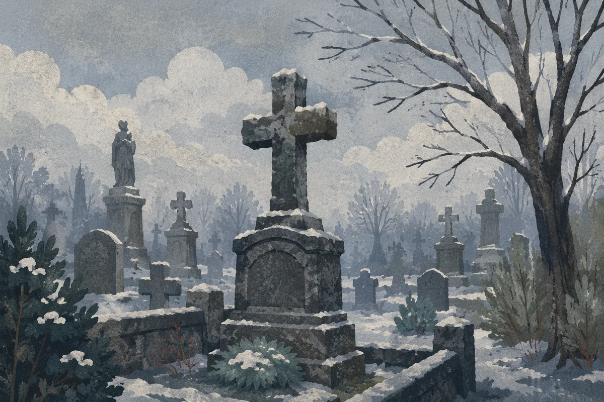 Weathered Stone Cross in Winter Cemetery