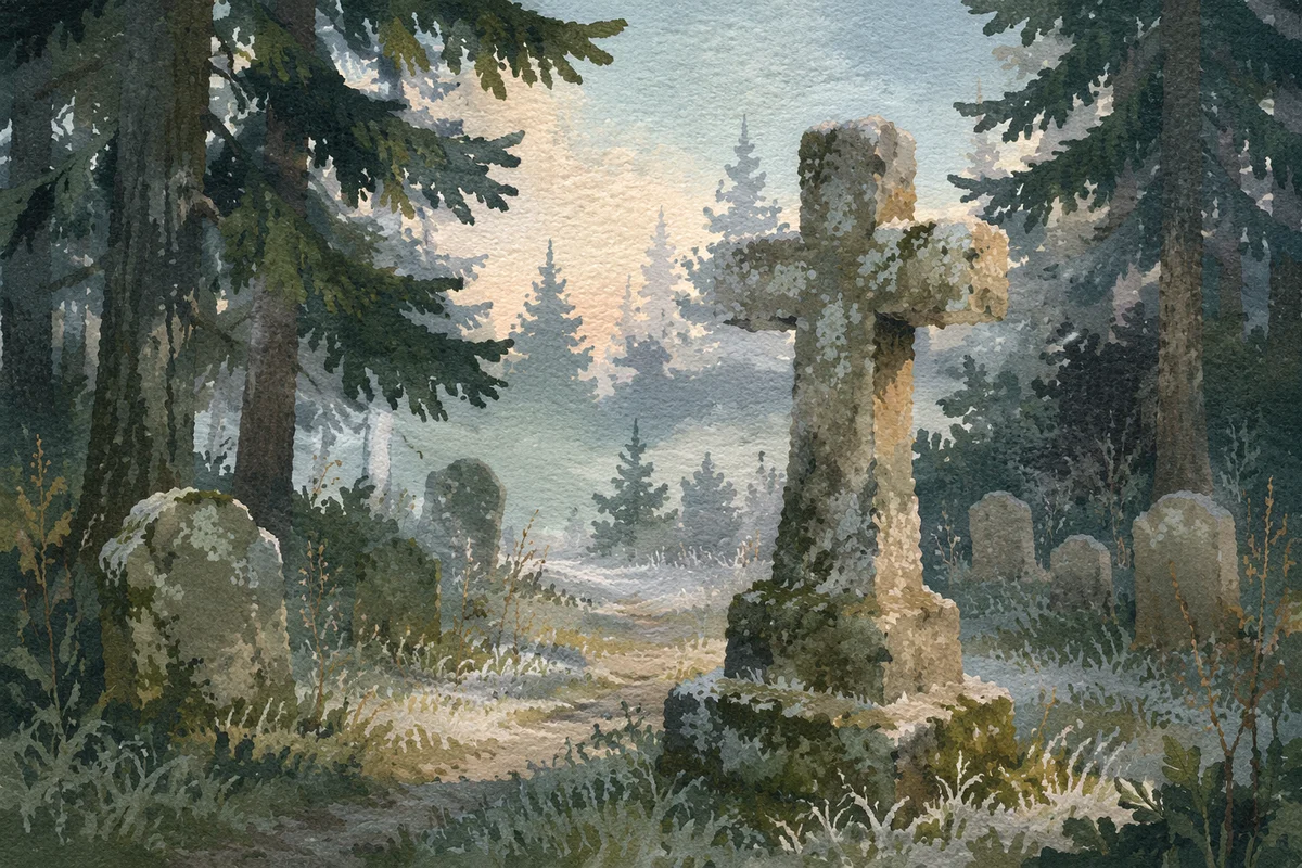 Stone Cross in Evergreen Winter Cemetery