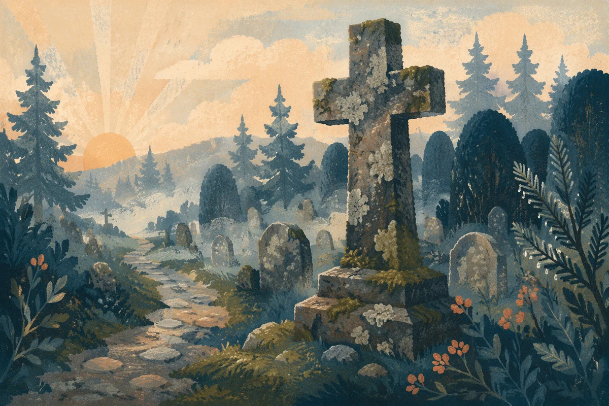 Stone Cross in Misty Evergreen Cemetery