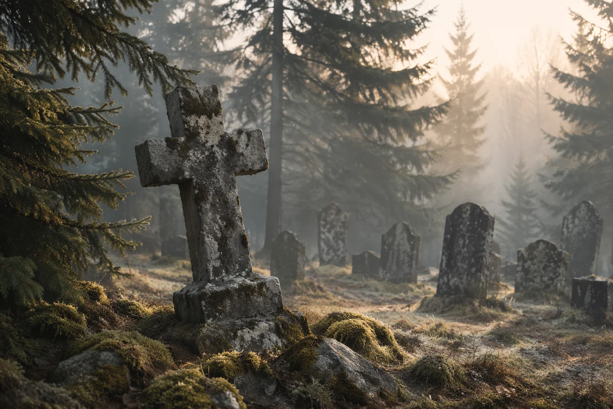 Weathered Stone Cross in Misty Evergreen Cemetery