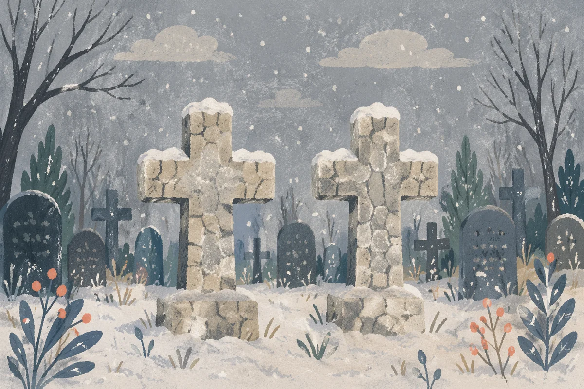Snow-Dusted Stone Crosses in Rural Cemetery