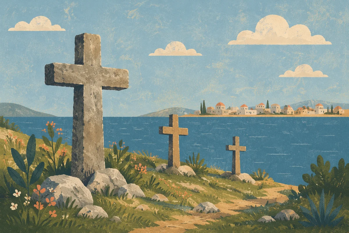 Weathered Stone Crosses by Coastal Bay