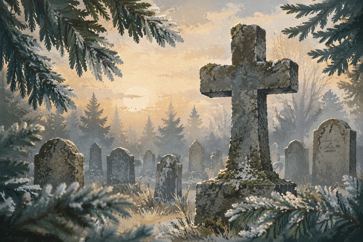 Weathered Stone Cross in Winter Cemetery