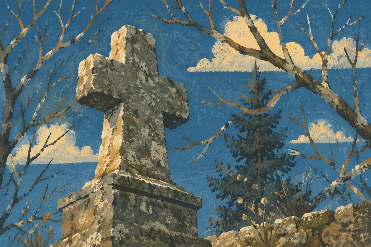 Weathered Stone Cross in Rural Cemetery