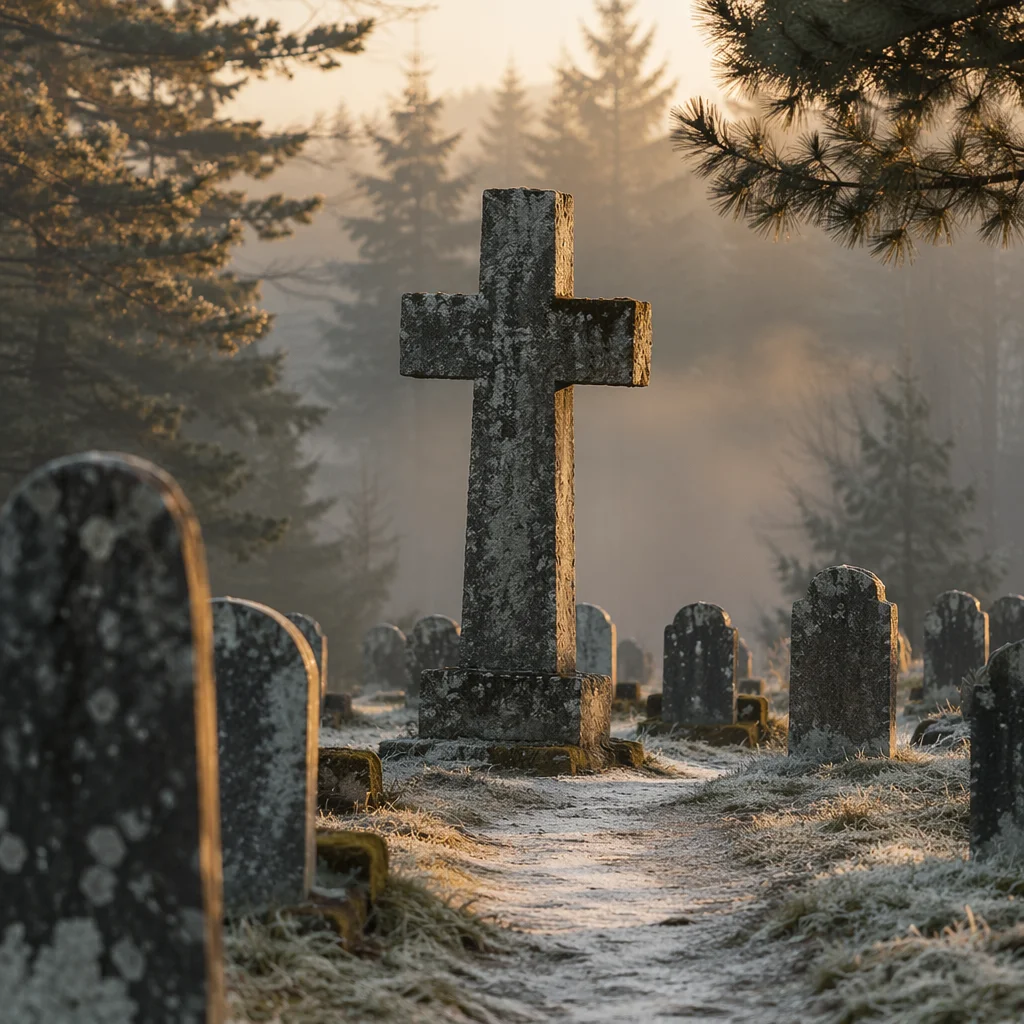 Weathered Stone Cross in Evergreen Cemetery