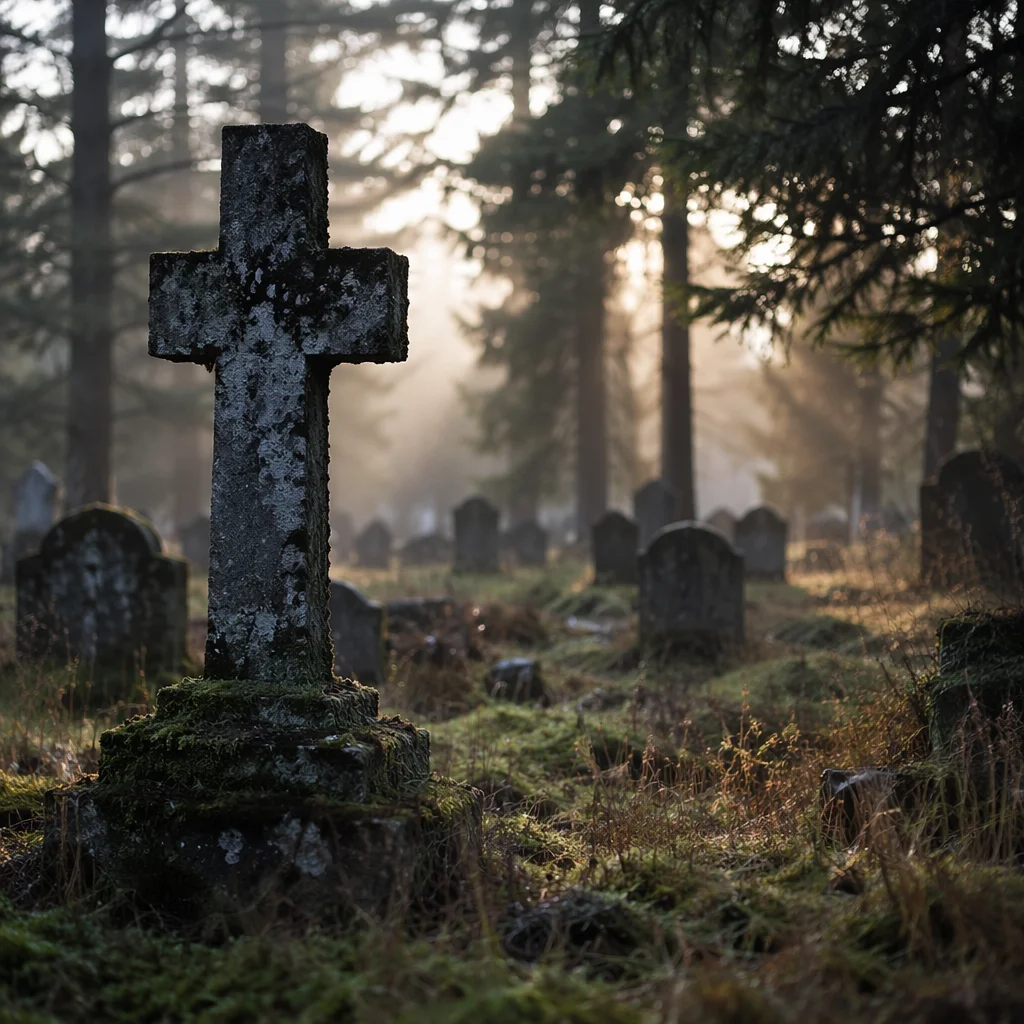 Weathered Stone Cross in Misty Evergreen Cemetery