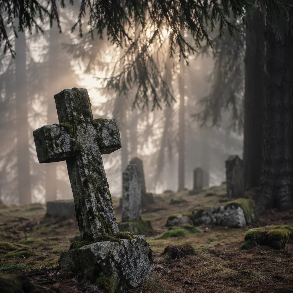 Weathered Stone Cross in Misty Cemetery