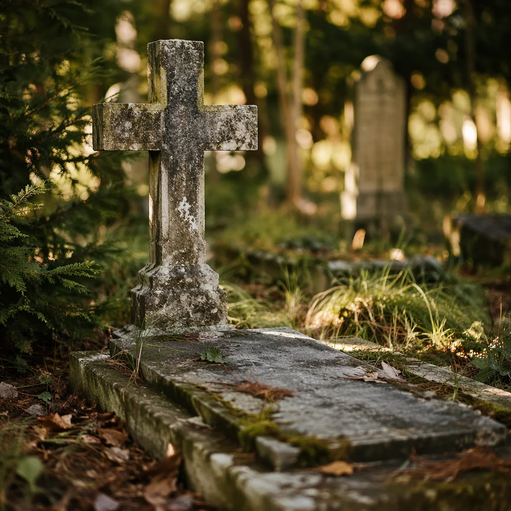 Weathered Stone Cross in Evergreen Cemetery
