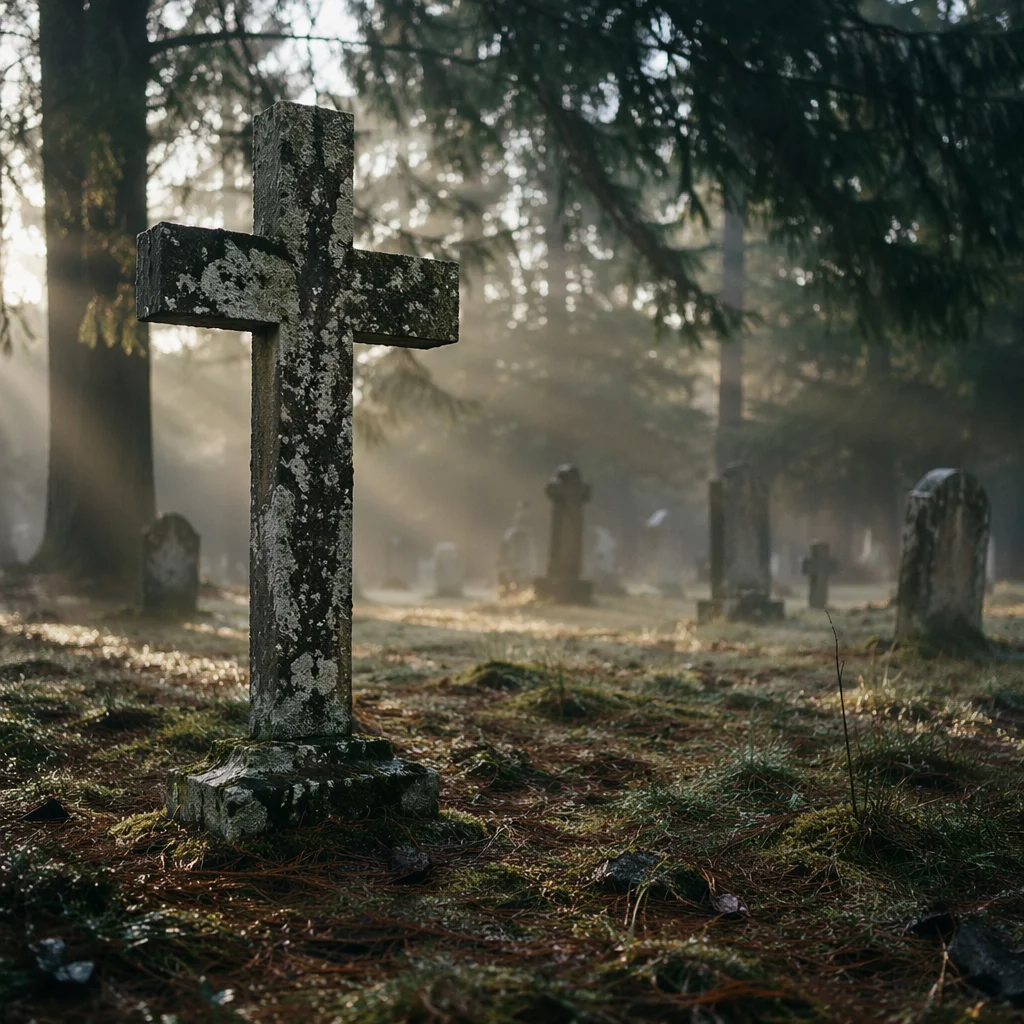 Weathered Stone Cross in Misty Evergreen Cemetery