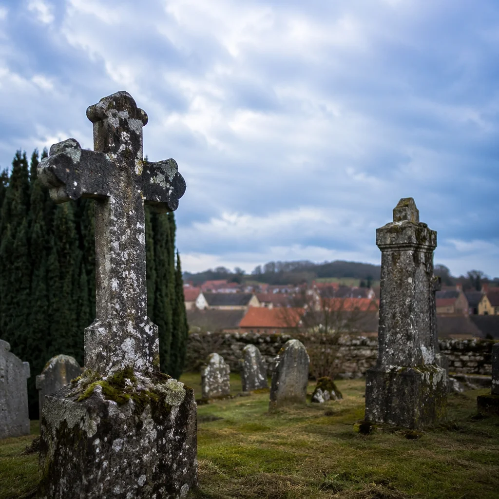 Weathered Stone Cross in Rural Cemetery