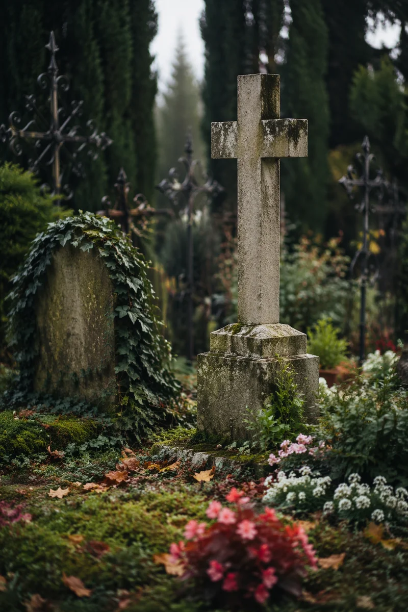 Weathered Stone Cross in Evergreen Cemetery