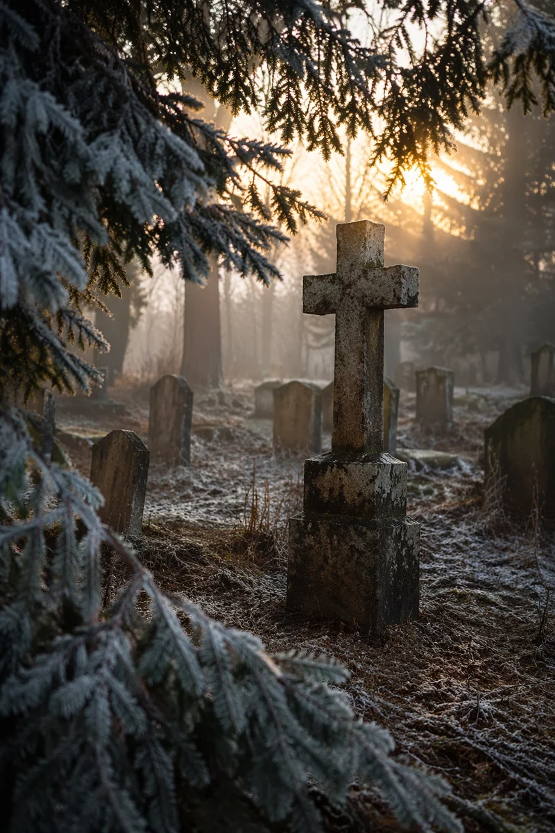 Weathered Stone Cross at Winter Dawn