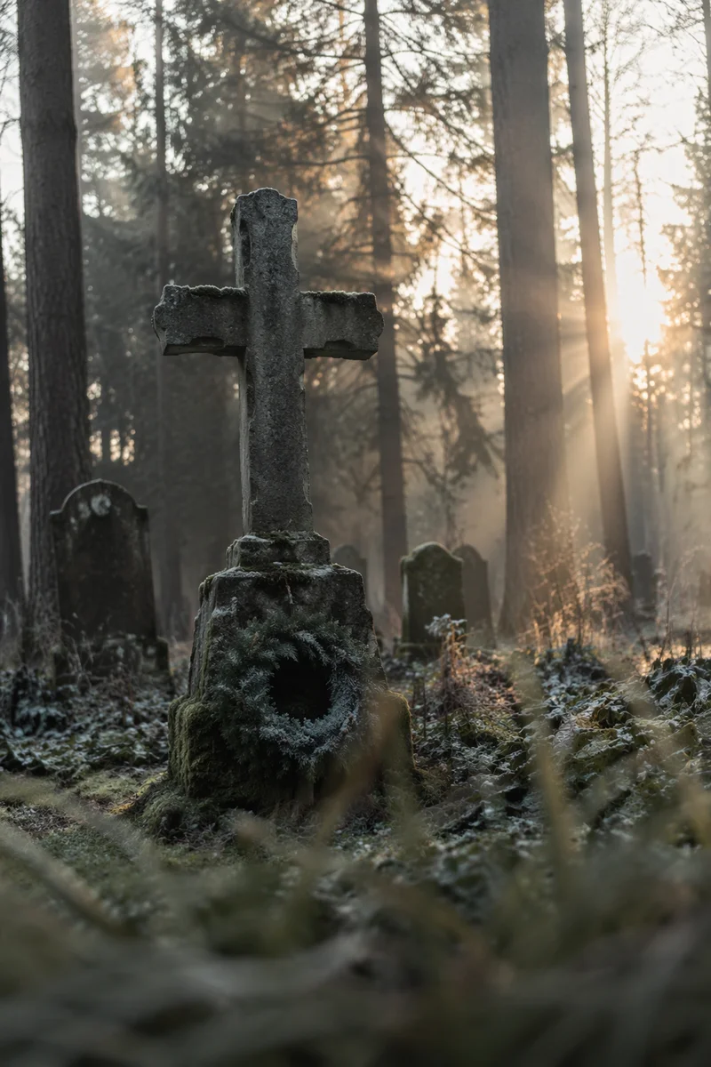 Weathered Stone Cross Among Evergreen Pines