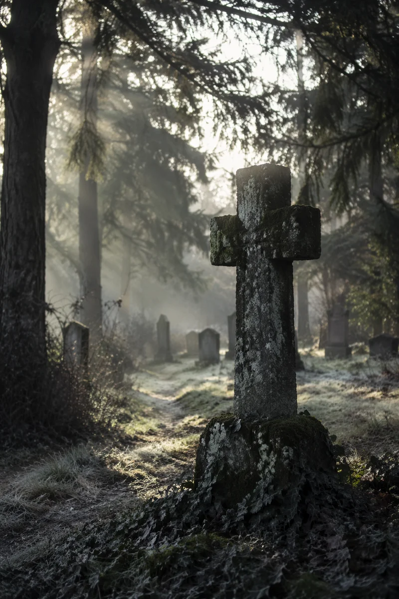 Weathered Stone Cross in Misty Cemetery
