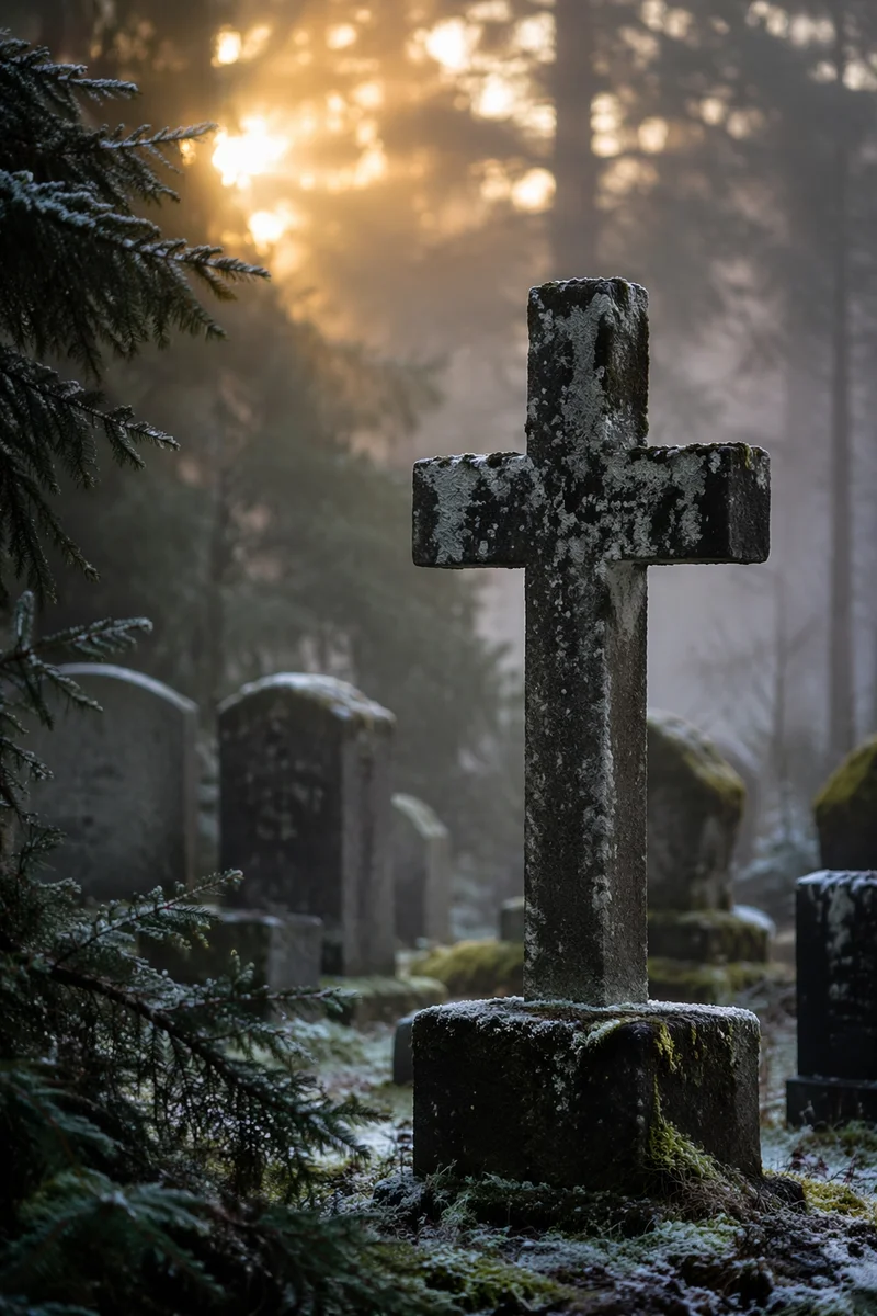 Weathered Stone Cross in Winter Cemetery