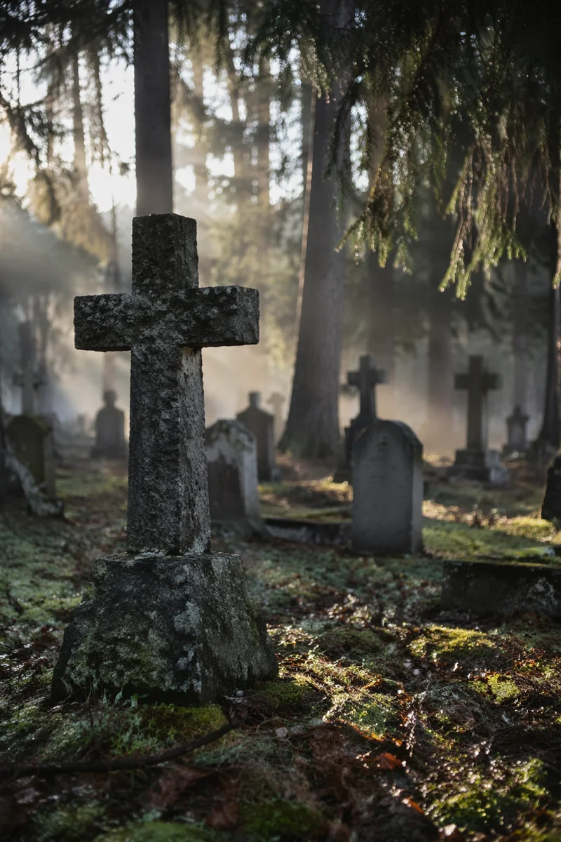 Weathered Stone Cross Among Evergreen Pines