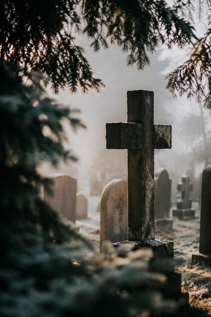 Weathered Stone Cross in Misty Evergreen Cemetery