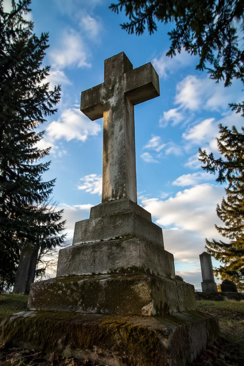 Weathered Stone Cross Beneath Evergreen Branches