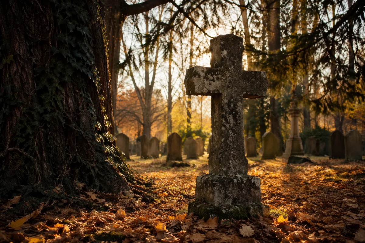 Weathered Stone Cross in Quiet Cemetery