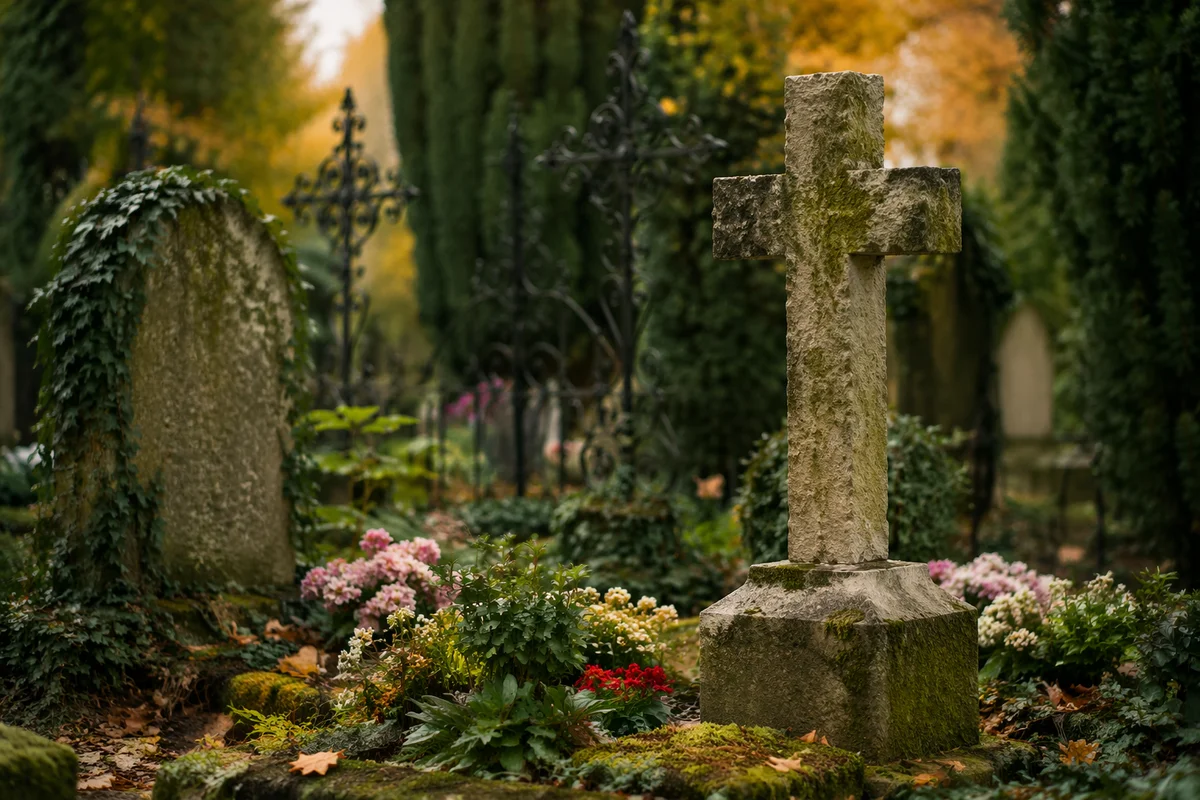 Weathered Stone Cross in Evergreen Cemetery