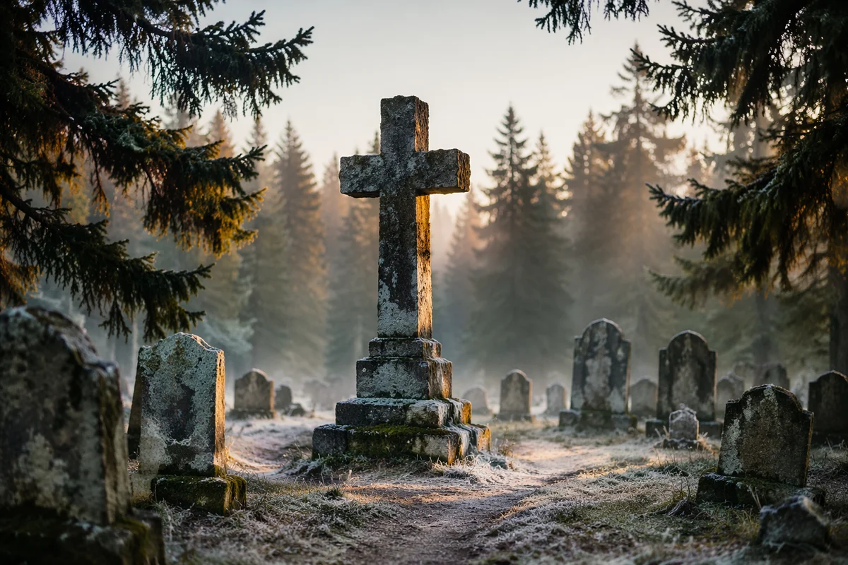 Weathered Stone Cross in Evergreen Cemetery